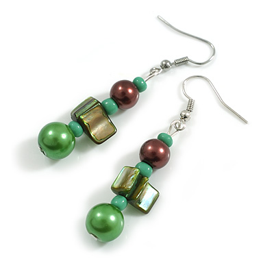 Green/Brown Shell and Glass Bead Drop Earrings - 55mm Long - main view