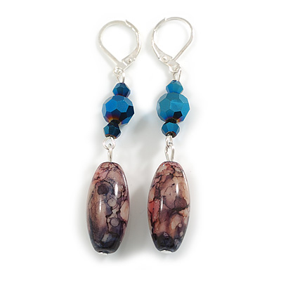 Purple/ Plum Ceramic and Blue Crystal Bead Drop Earrings in Silver Tone - 60mm L