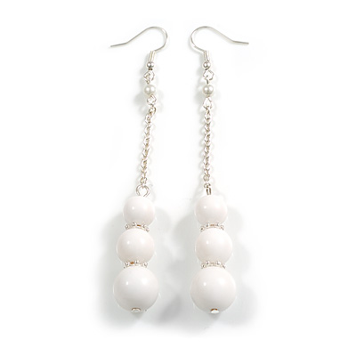 White Acrylic Bead with Chain Long Earrings In Silver Tone - 10cm L - main view