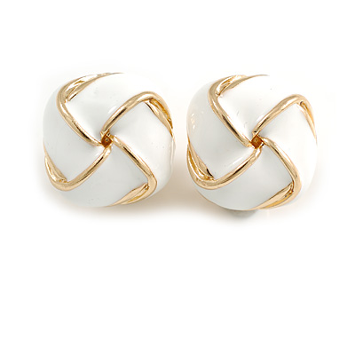 White Enamel Square Knot Motif Clip On Earrings In Gold Tone - 18mm Across - main view