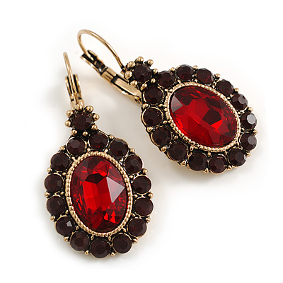Oval Ruby Red/Dark Green Crystal Drop Earrings with Leverback Closure In Gold Tone - 40mm L - main view