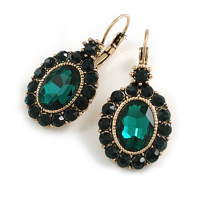Oval Emerald Green/Dark Green Crystal Drop Earrings with Leverback Closure In Gold Tone - 40mm L - main view