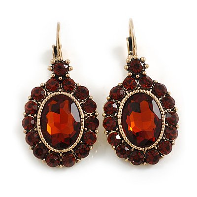 Oval Amber/Topaz Coloured Crystal Drop Earrings with Leverback Closure In Gold Tone - 40mm L - main view