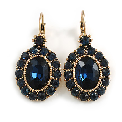 Oval Dark Blue Crystal Drop Earrings with Leverback Closure In Gold Tone - 40mm L