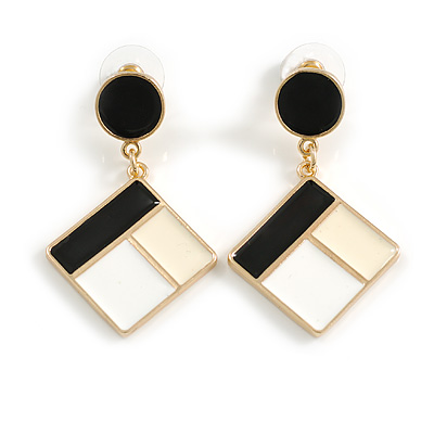 Black/White/Cream Enamel Square/Geometric Drop Earrings in Gold Tone - 50mm L - main view
