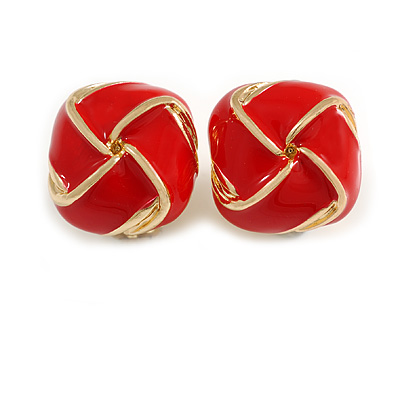 Red Enamel Square Knot Motif Clip On Earrings In Gold Tone - 18mm Across - main view