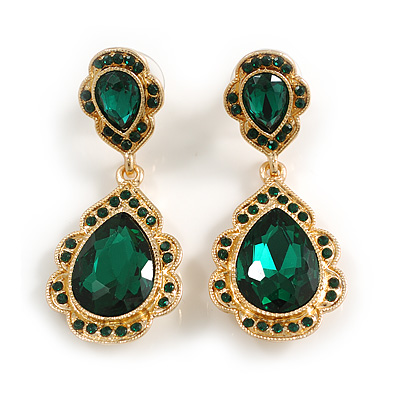 Statement Green Glass Crystal Bead Teardrop Earrings In Gold Tone - 50mm L - main view