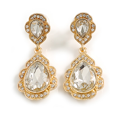 Statement Clear Glass Crystal Bead Teardrop Earrings In Gold Tone - 50mm L - main view