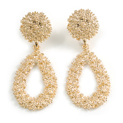 Gold Tone Textured Teardrop and Round Geometric Earrings - 60mm Long