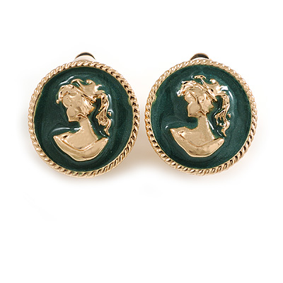 Round Green Enamel Cameo Motif Clip On Earrings in Gold Tone - 20mm D - main view