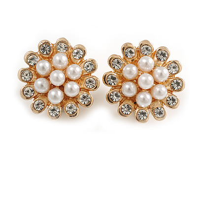 Gold Tone Crystal Faux Pearl Flower Clip On Earrings in Gold Tone - 20mm D