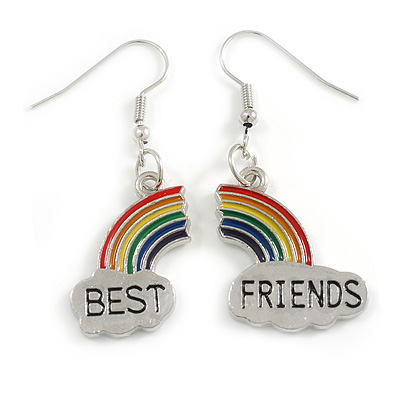 'BEST FRIENDS' Rainbow Drop Earrings in Silver Tone - 45mm Long