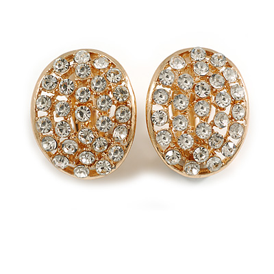 Clear Crystal Oval Concave Clip On Earrings in Gold Tone - 20mm Tall - main view