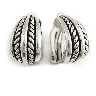 Vintage Inspired Textured C-Shape Clip On Earrings in Silver Tone - 20mm Tall - main view