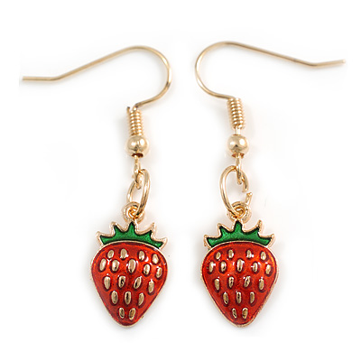 Red/Green Enamel Strawberry Drop Earrings In Gold Tone - 40mm Long - main view