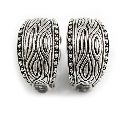 Textured C-Shaped Clip On Earrings in Silver Tone - 20mm Tall - main view