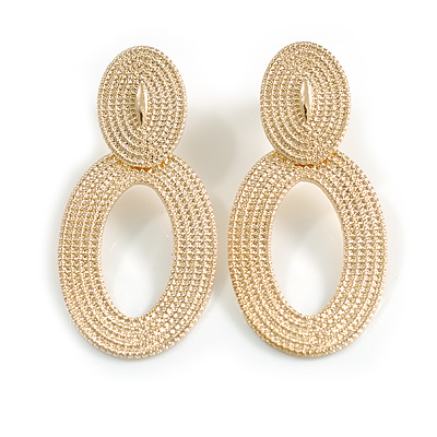 Bright Gold Tone Textured Double Oval Geometric Drop Earrings - 50mm Long