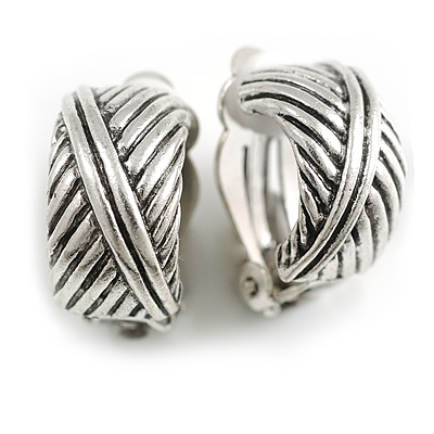 20mm Tall/C Shape Stripy Textured Clip On Earrings in Aged Silver Tone - main view