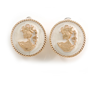 Round Off White Enamel Cameo Motif Clip On Earrings in Gold Tone - 20mm D - main view
