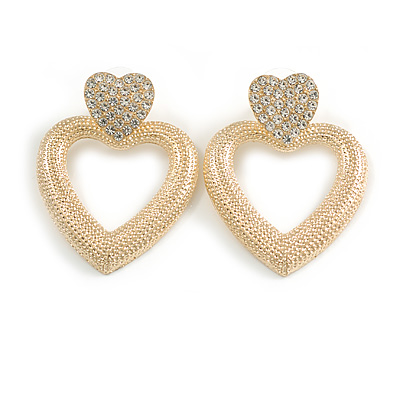 Statement Double Heart Etched Crystal Drop Earrings in Bright Gold Tone - 45mm Long