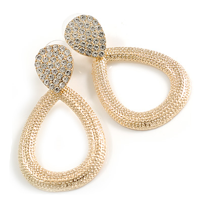 Bright Gold Tone Textured Crystal Teardrop Earrings - 50mm Long