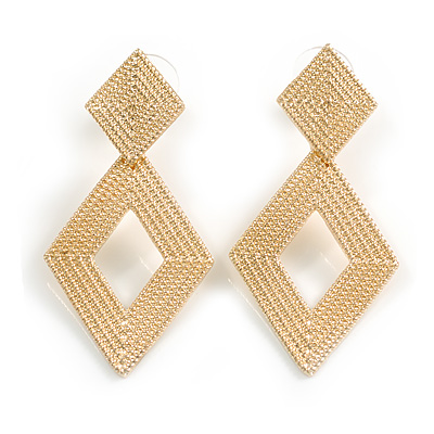 Bright Gold Tone Textured Geometric Drop Earrings - 55mm Long