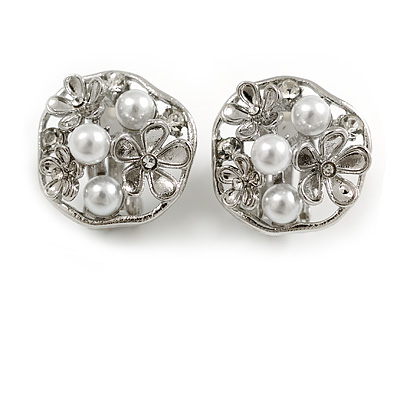 Off Round Crystal Floral with Faux Pearl Bead Clip On Earrings in Silver Tone - 20mm Across - main view