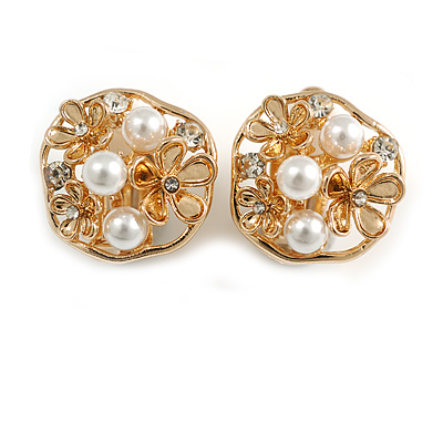 Off Round Crystal Floral with Faux Pearl Bead Clip On Earrings in Gold Tone - 20mm Across - main view