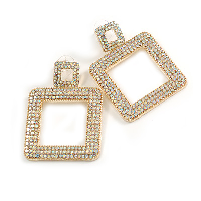 Large AB Crystal Square Drop Earrings in Gold Tone - 55mm L - main view