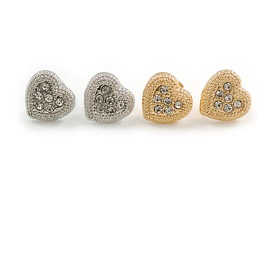 10mm Set of Two Gold/Silver Crystal Heart Stud Earrings - main view
