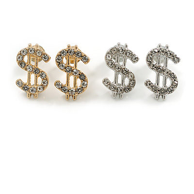 15mm Set of Two Gold/Silver Crystal Dollar $ Stud Earrings