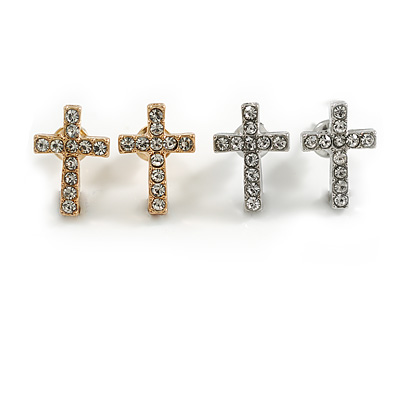 2 Pairs of Gold/ Silver Tone Crystal Cross Stud Earrings - 12mm Tall - main view