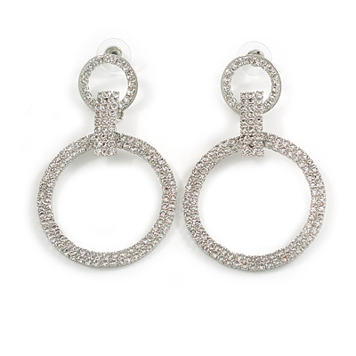 Statement Double Circle Crystal Drop Earrings in Silver Tone - 65mm Long - main view