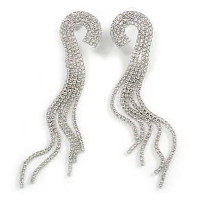 Breathtaking Hook Shape Crystal Tassel Dangle Earrings in Silver Tone - 12cm Long - main view