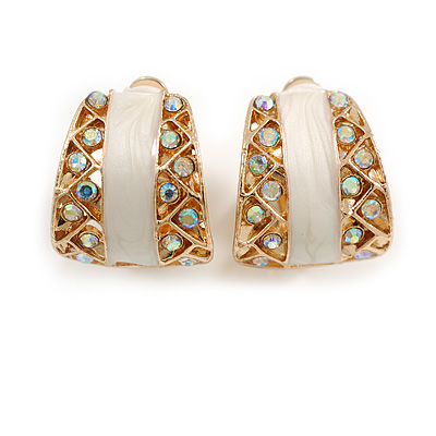 C Shape AB Crystal White Enamel Clip On Earrings in Gold Tone - 20mm Tall - main view