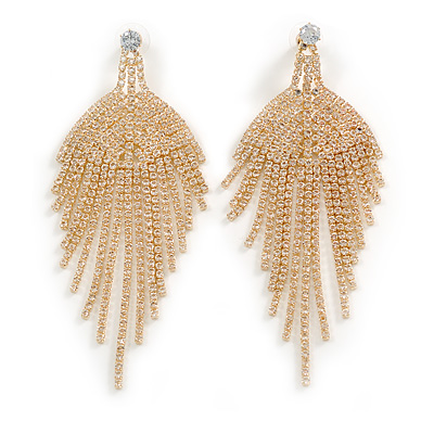 Luxurious Clear Crystal Fringe Style Dangle Earrings in Gold Tone - 10.5cm Long - main view