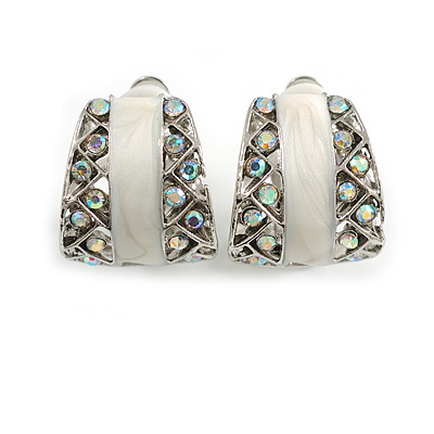 C Shape AB Crystal White Enamel Clip On Earrings in Silver Tone - 20mm Tall - main view