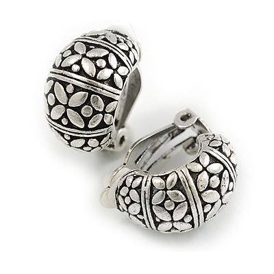 C Shape Textured with Butterfly Motif Clip-on Earrings in Aged Silver Tone Metal/ 20mm Tall