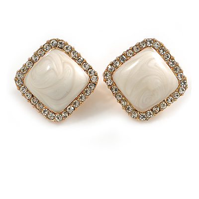 Square Crystal White Enamel Clip On Earrings in Gold Tone - 18mm Tall
