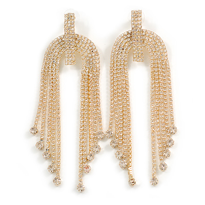 Breathtaking Crystal Fringe Dangle Earrings in Gold Tone - 11cm Long