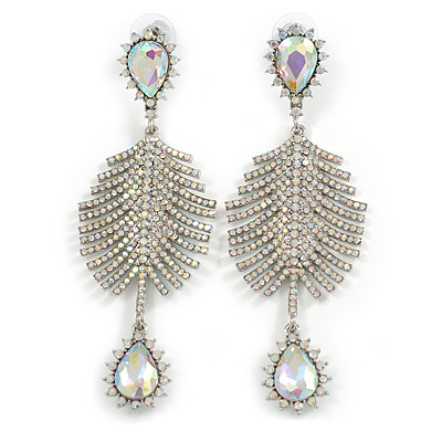 Breathtaking AB Crystal Drop Earrings in Silver Tone - 95mm Long - main view