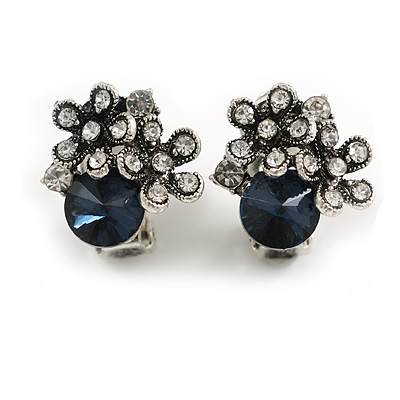 Vintage Inspired Crystal Floral Stud Earrings in Aged Silver Tone (Clear/Blue) - 15mm Tall - main view