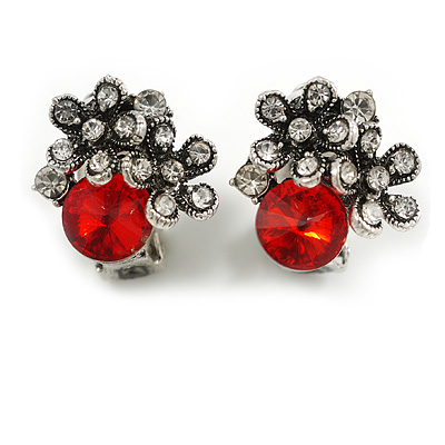 Red/ Clear Crystal Floral Clip-on Earrings in Aged Silver Tone Metal - 17mm Tall - main view
