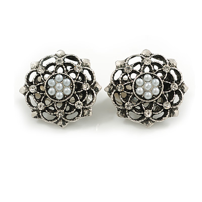 Vintage Inspired Crystal Pearl Floral Clip On Earrings in Aged Silver Tone - 20mm D