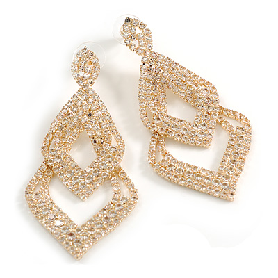 Crystal Double Diamond Drop Earrings in Gold Tone - 65mm L - main view