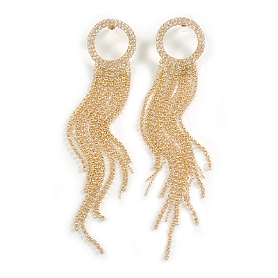 Statement Crystal Circle with Long Chain Tassel Earrings in Gold Tone - 14cm Long - main view