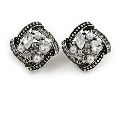 Marcasite Square Clear Crystal White Faux Peal Clip On Earrings In Antique Silver Tone - 20mm L - main view
