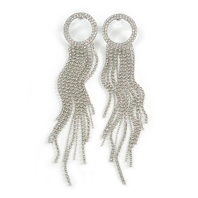 Statement Crystal Circle with Long Chain Tassel Earrings in Silver Tone - 14cm Long - main view