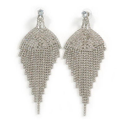 Breathtaking Clear Crystal Tassel Dangle Earrings in Silver Tone - 11cm Long