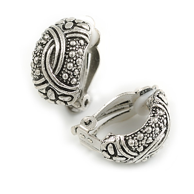 C Shape Textured Clip On Earrings in Aged Silver Tone - 20mm Tall - main view